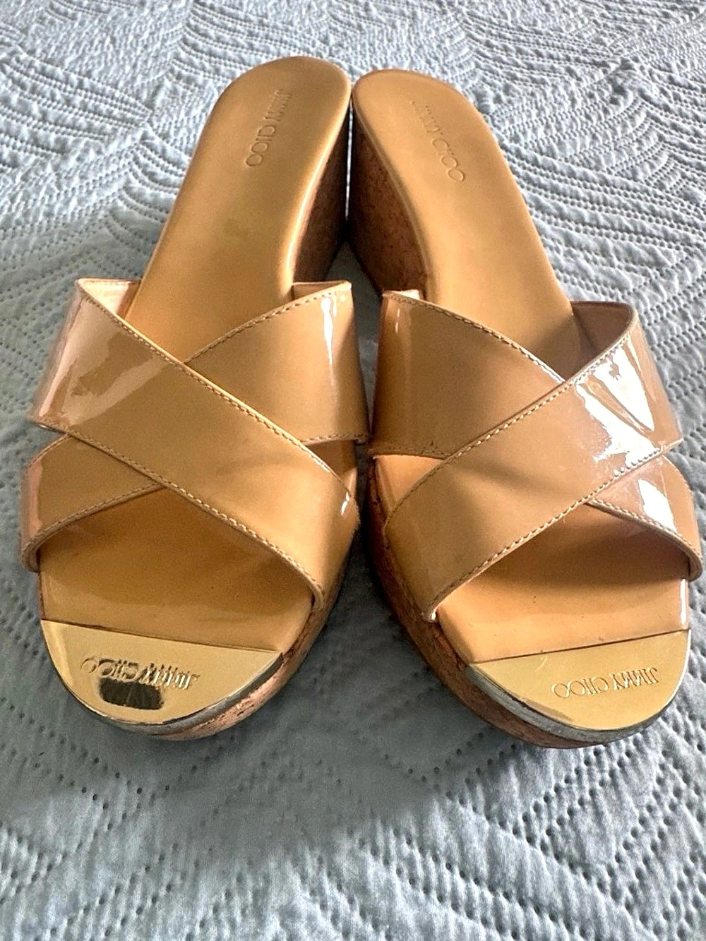Jimmy Choo Prima Patent Leather Cork Wedge Sandals Brown